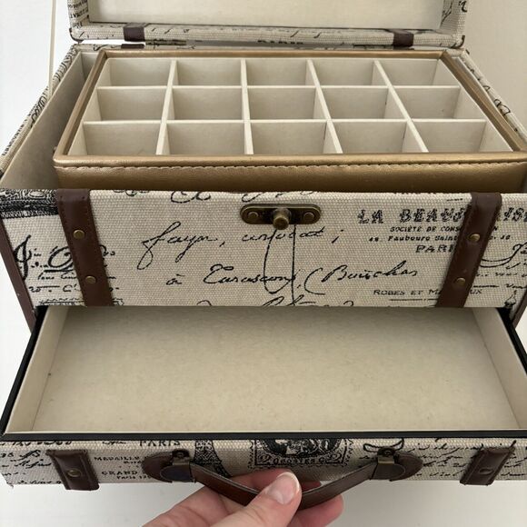 Large French Velvet Lined Jewelry Box Canvas Love Leather Paris Mirror Storage - Picture 6 of 11